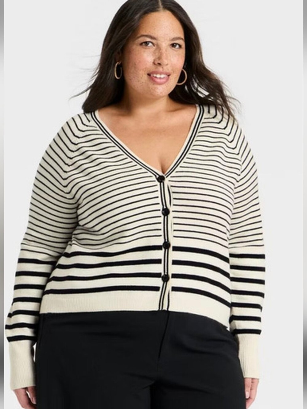 a new day Cream & Black Striped V-Neck Button Cardigan Plus Size 3X Soft NWT